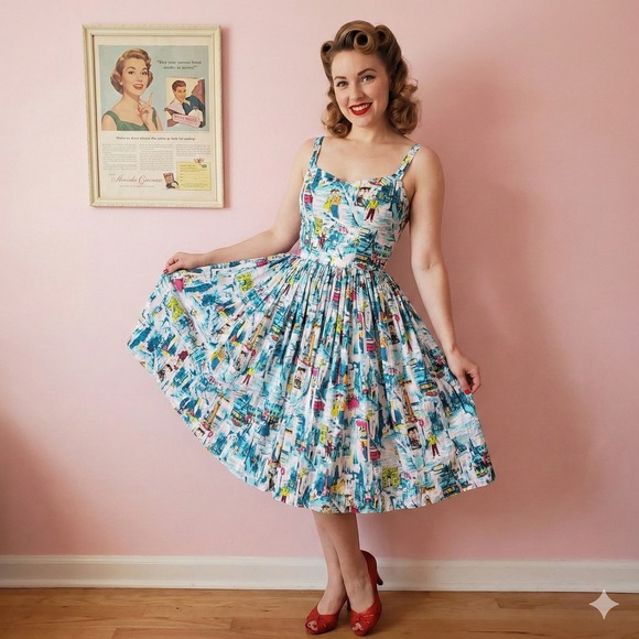 Pinup Couture Dresses & Skirts - Pinup Couture Swing Dress Womens Small Paris Novelty Print Pink Blue 1950s Retro